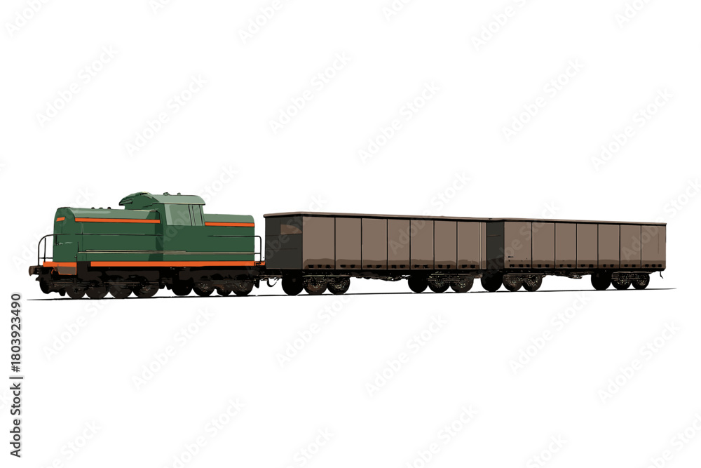 Obraz premium Green diesel shunting locomotive pulling two closed brown freight railway wagons