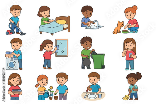 Diverse young children performing household chores and daily responsibility tasks