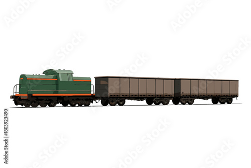 Green diesel shunting locomotive pulling two closed brown freight railway wagons