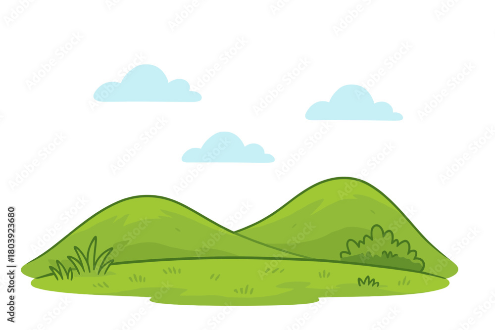 Fototapeta premium Simple cartoon landscape featuring rolling green hills, fluffy blue clouds, and bright sunshine