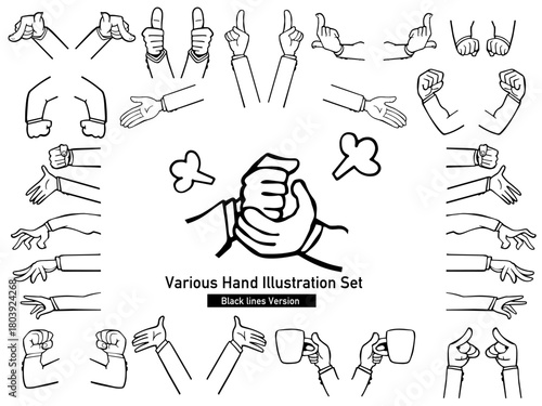 さまざまな手のイラストセット。黒の線画バージョン。ビジネスマンのスーツ着用。ガッツポーズ、指差し、サムズアップなど。