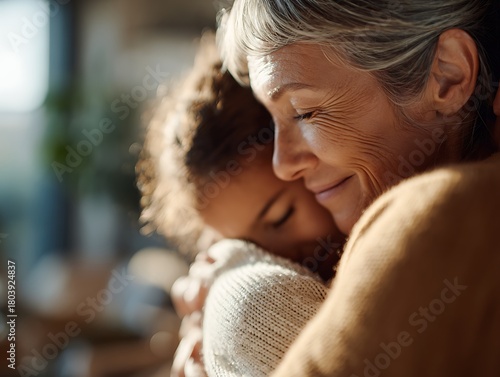 An older woman gently embracing a child, symbolizing protection, warmth and intergenerational care, soft natural light with documentary realism