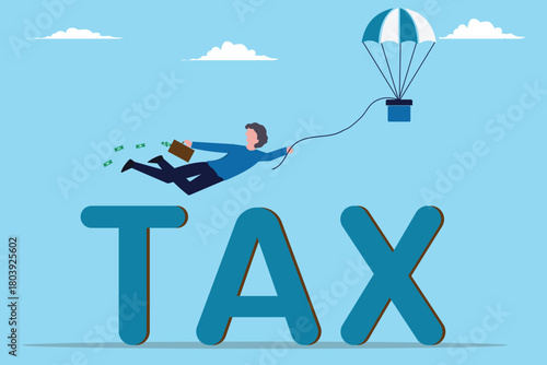 Business man flying in the air, Overcome tax problem. Happy employee getting rid of burden of taxes. Business man jumping over tax messages. Business concept vector illustration.
