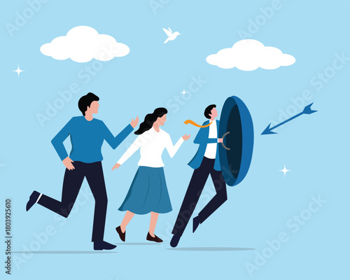 Protective leader, leadership support for employee to solve problem and get through crisis, businessman and businesswoman,  risk or organization thunderstorm problem. Vector illustration.