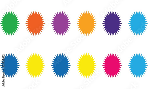 Set of twelve colorful starburst sticker shapes. A collection of vibrant sunburst badges and labels for promotion, vector illustration