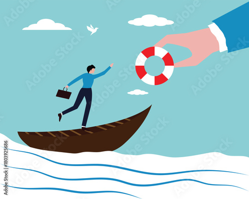 Rescue business from crisis, bankruptcy, businessman in a boat. Safe and security, support or assistance, Bankruptcy and government bailout symbol with businessman on paper boat. Businessman needs hel