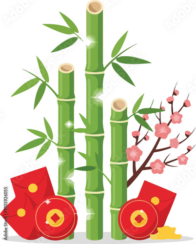Festive Bamboo, Red Envelopes, and Blossoms Celebrating Lunar New Year Traditions