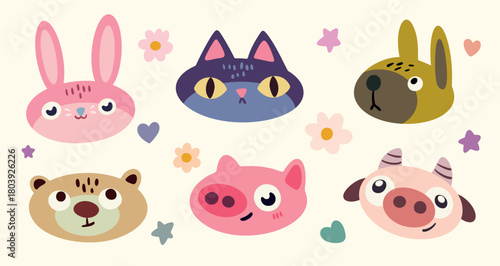 Set of cute cartoon animal faces. Baby animal portraits in the collection. Isolated hand drawn heads of rabbit, cat, dog, bear, cow, pig. Kids' pet characters. Vector illustration, design element.