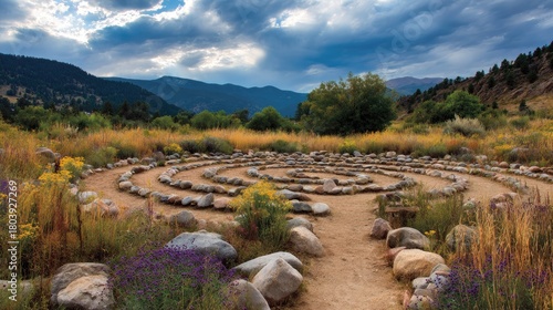 Spiral stone maze in a natural landscape.