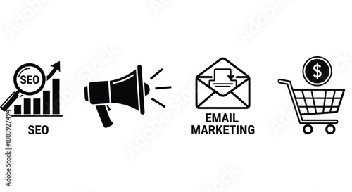 Digital marketing icons representing SEO, promotion, email campaigns, and online shopping.