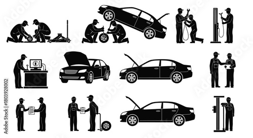 Skilled mechanics performing various car maintenance and repair tasks in a workshop.