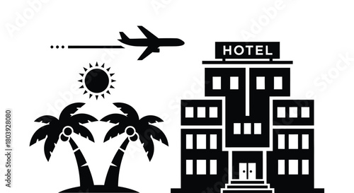 Dream vacation destination with tropical palms, sunny skies, and a hotel near an airport.