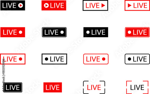 Live streaming icon. Live broadcast video broadcasting icon. Broadcast symbol. Social media live video. Red button sign for news, shows, video, TV, movies. Vector icon illustration, PNG or JPG