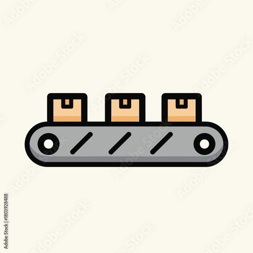 Automated conveyor belt system with packages moving along a factory production line for shipping and logistics