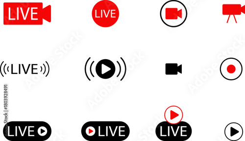 Live streaming icon. Live broadcast video broadcasting icon. Broadcast symbol. Social media live video. Red button sign for news, shows, video, TV, movies. Vector icon illustration, PNG or JPG