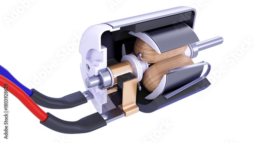 Electric Motor Cross Section. Cutaway case show parts Stator, Rotor, windings, magnets, shaft, brushes. 3D rendering isolated on white background. Ideal for educational, engineering design