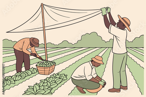 Farmers working together in a field harvesting vegetables
