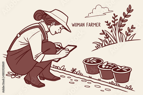 Woman farmer using a tablet to inspect garden plants