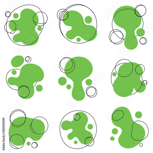 Organic amoeba blob shape abstract green color with line vector illustration isolated on transparent background. Set of irregular round blot form graphic element. Doodle drops with outline circle.eps