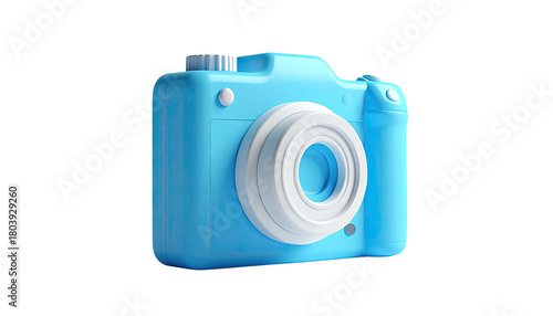Cartoonish blue camera with large white lens, isolated