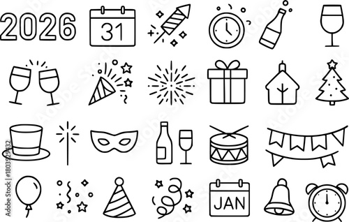 24 Minimalist icons, New Year theme, outline version
