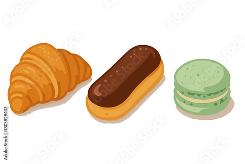French pastry selection with croissant, chocolate eclair, and green macaron desserts