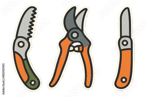 Set of essential gardening tools including folding saw, pruning shears, and utility knife