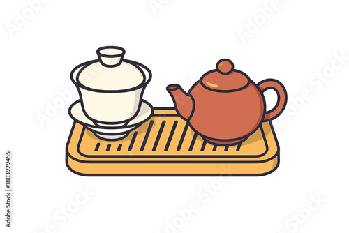 Traditional Chinese tea ceremony set with a terracotta teapot and white gaiwan on a slatted wooden tray