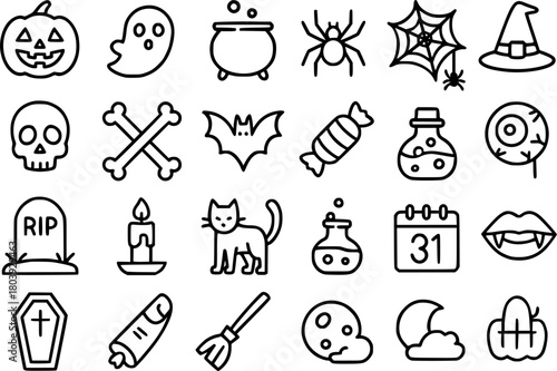 24 Minimalist icons, Halloween theme, outline version