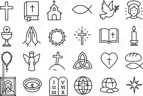 24 Minimalist icons, Christian theme, outline version