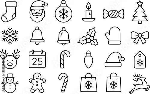 24 Minimalist icons, Christmas theme, outline version