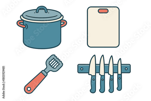 Set of basic kitchen tools including saucepan, magnetic knife rack, and cutting board