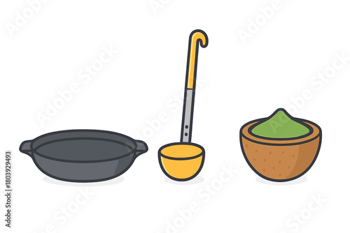 Collection of kitchen cooking tools including skillet, ladle, bowl, and green spice powder