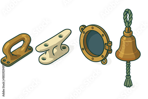 Classic marine equipment set featuring a brass bell, porthole, and cleats