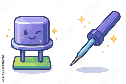 Cute winking electronic component character standing next to a soldering iron tip tool