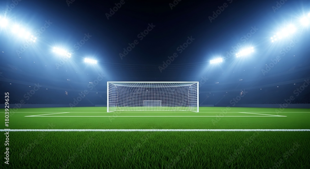 Fototapeta premium Empty Soccer Goal and Field Under Bright Stadium Lights at Night football