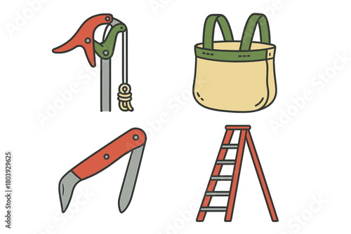 Essential tools for gardening and harvesting including fruit picker, folding knife, step ladder, and tote bag