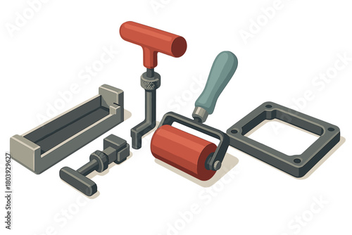 Essential workshop equipment set featuring a brayer roller and various clamps