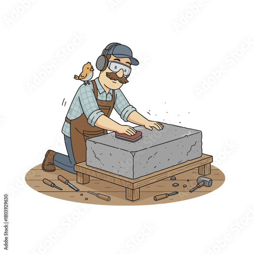 Skilled artisan meticulously carves a large stone block with traditional tools, showcasing the intricate craft of stonemasonry in a focused and detailed illustrative depiction