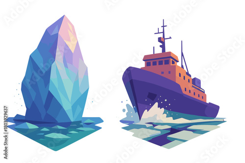 Massive geometric iceberg and polar vessel breaking through arctic ice floes