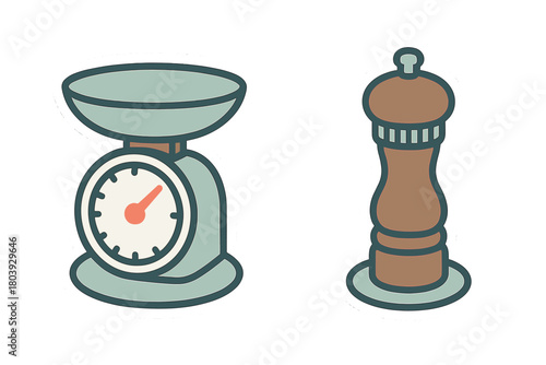 Stylized kitchen measuring scale and classic wooden pepper mill cooking equipment
