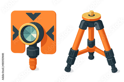 Orange prism target and tripod stand used for professional land surveying and construction measurement