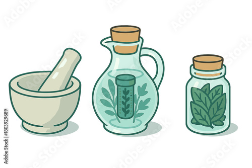 Apothecary set with mortar and pestle, infusion pitcher, and jar of fresh leaves