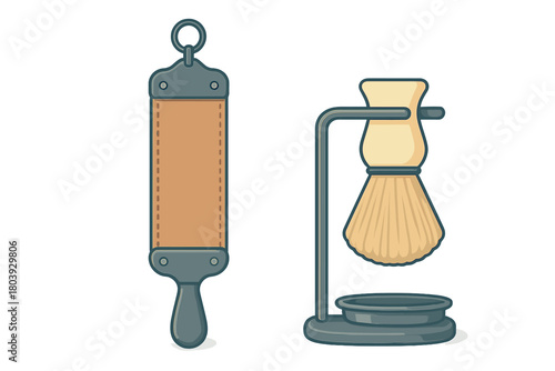 Classic wet shaving set with leather strop and shaving brush on metal stand