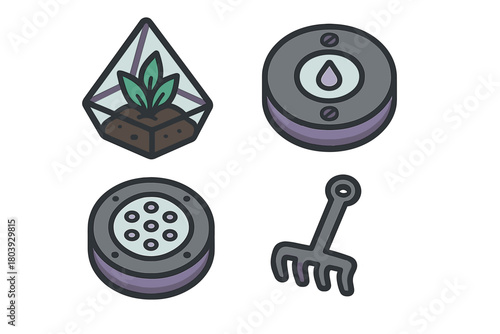 Gardening and nature sticker icons featuring a terrarium, water gauge, sprinkler head, and small rake tool