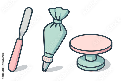 Professional baking tools including offset spatula, pastry piping bag, and cake turntable