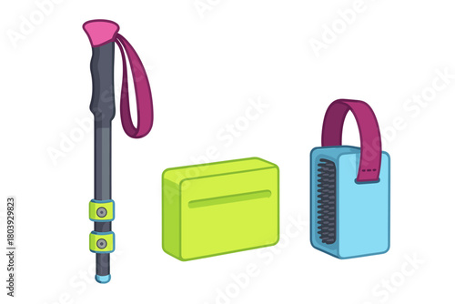 Colorful set of outdoor and fitness equipment including a trekking pole and cleaning brush