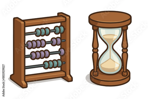 Wooden abacus and classic hourglass symbolizing mathematics, counting, time, and measurement