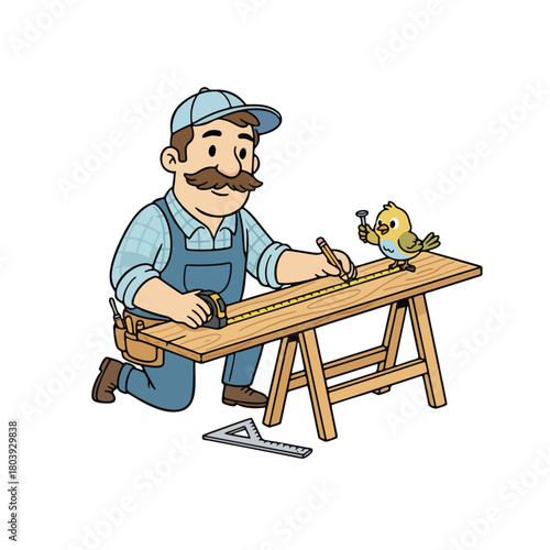 Playful cartoon depiction of a moustachioed woodworker expertly measuring lumber on a trestle, with a small bird apprentice offering tools, highlighting precision and collaboration