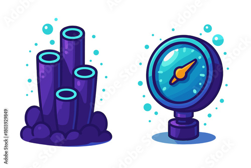 Vibrant stylized deep sea tube coral and diving pressure gauge surrounded by floating bubbles